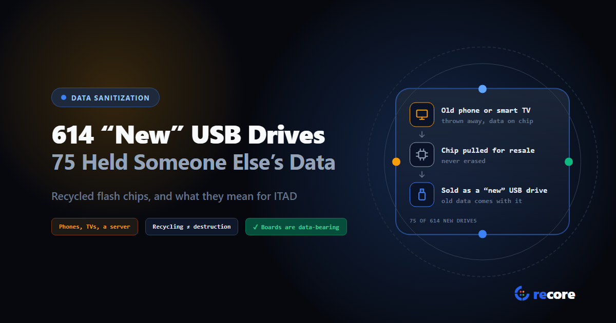 Cover: old phone or smart TV, chip pulled and never erased, sold inside a new USB drive; 75 of 614 new drives held old data